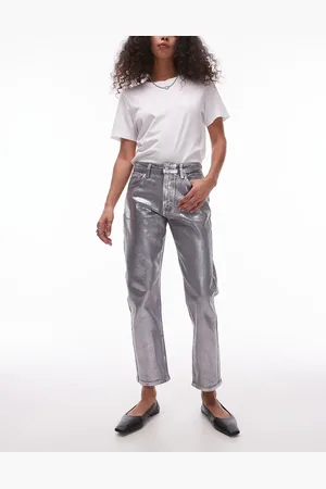 Topshop – Cropped Straight Silberfolien-Jeans in mit mittelhohem Bund