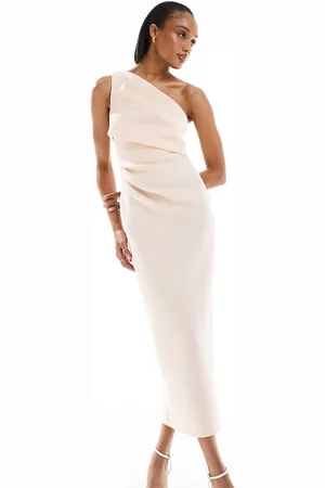 ASOS ASOS DESIGN Tall – Midikleid in Creme mit One-Shoulder-Träger und Falten-Design