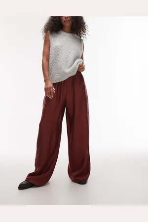 Topshop – Strukturierte Satin-Hose in Burgunderrot mit geradem Schnitt und Tunnelzug