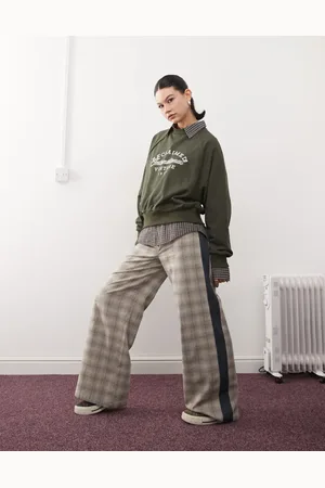 Reclaimed – Elegante Hose in Neutral kariert mit weitem Bein und kontrastierenden Einsätzen