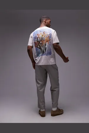 Topman – Oversize-T-Shirt in Steinbeige mit Narzissen-Print auf Vorder- und Rückseite