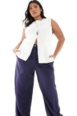 ASOS Curve – Hose in gestreiftem Marineblau mit lockerem, geradem Schnitt und Leinenanteil