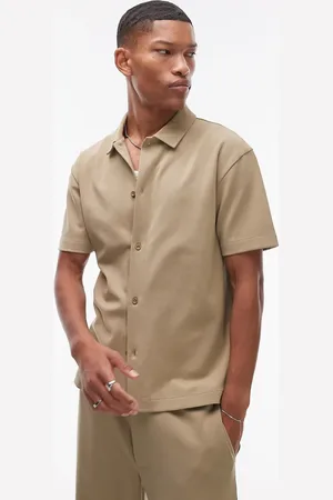 Topman – Hochwertiges Hemd aus Interlockjersey in hellem Khaki mit durchgehender Knopfleiste und Oversize-Schnitt