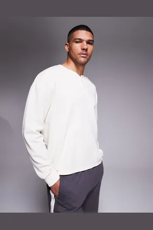 ASOS – Langärmliges Henley-Shirt in Boxy-Passform in Creme mit Waffelstruktur und Oversize-Schnitt