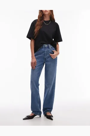 Topshop – Kort – Straight Jeans in Mittelblau mit hohem Bund