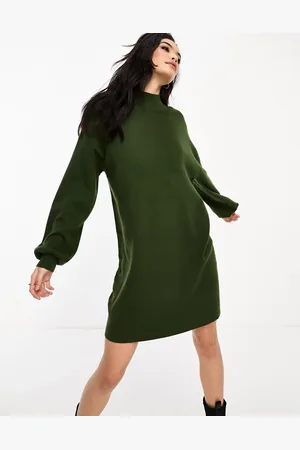 VERO MODA – Mini-Strickkleid in Khaki mit Trichterkragen
