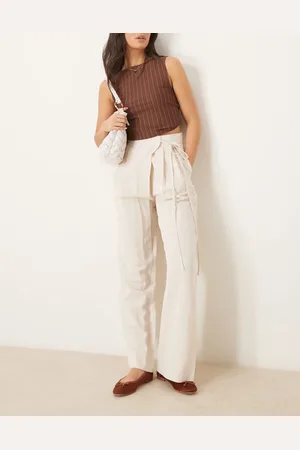 ASOS – Weit geschnittene Leinenhose in Stein mit Bindedetail vorne