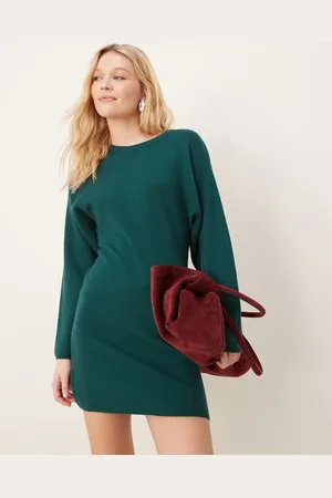 Gina Tricot – Figurbetontes Mini-Strickkleid in Dunkelgrün mit Rundhalsausschnitt