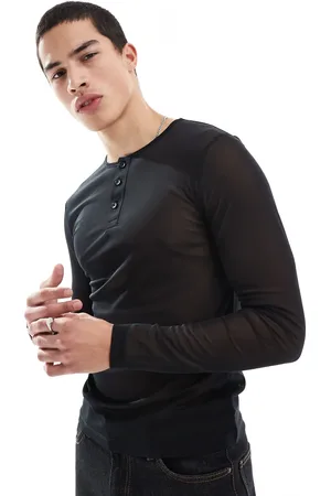 ASOS – Langärmliges Muskelshirt aus Netzstoff in mit Henleykragen