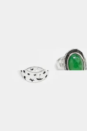 Reclaimed – 2er-Pack Unisex-Ringe in Silberoptik mit grünem Kunststein