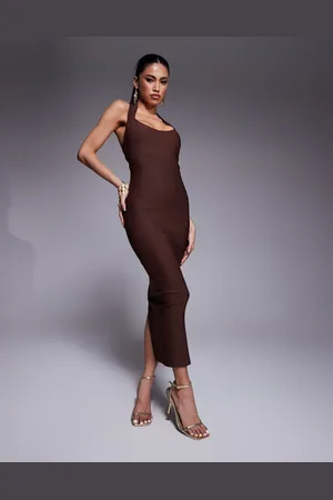 Vesper – Figurbetontes Midaxi-Kleid in Schokobraun mit U-Ausschnitt und Neckholder