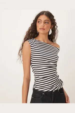 ASOS – Schulterfreies Korsettoberteil in Schwarz-Weiß gestreift mit gerafftem Bund