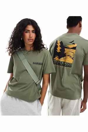 Napapijri – Pali – T-Shirt in hellem Khaki mit Landschafts-Rückenprint