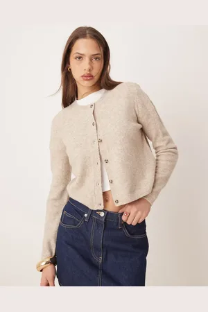 JDY – Strickjacke in Beige mit Wollanteil und Rundhalsausschnitt