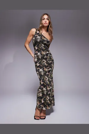 ASOS – Netzstoff-Maxikleid mit abstraktem Print und One-Shoulder-Träger