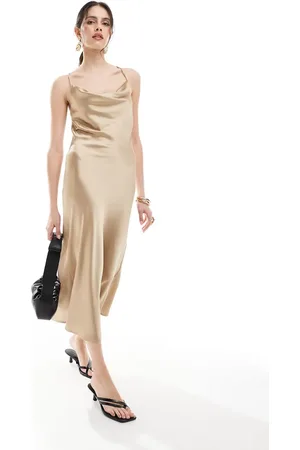Object – Midi-Trägerkleid in Beige mit Wasserfallausschnitt