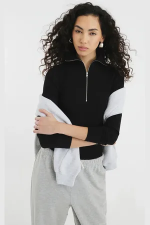 River Island – Langärmliges, geripptes Oberteil in mit Reißverschluss vorne