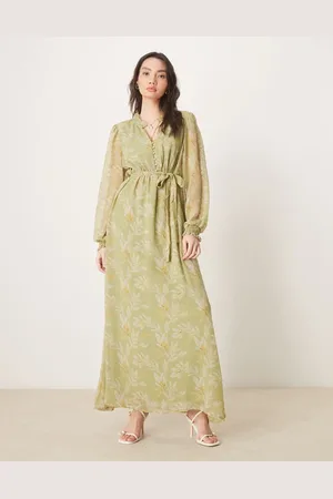 VILA – Chiffon-Kleid in Salbeigrün mit Blumenmuster und Taillen-Bindeband