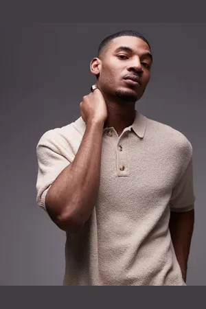 Topman – Hemd aus Bouclé-Strick in Steinbeige mit Knopfleiste
