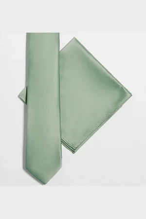 ASOS – Schmale Satin-Krawatte und Einstecktuch im Set in Salbeigrün