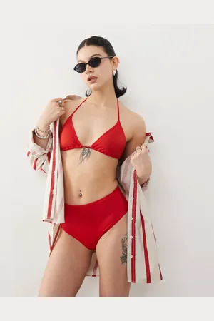 Monki – Mix and Match – Bikinihose in Dunkelrot mit hohem Bund