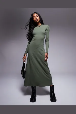 ASOS – Langärmliges Midikleid in Olivgrün mit U-Boot-Ausschnitt und Nahtdetail
