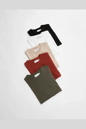Topman – 5er-Pack T-Shirts in Schwarz, Weiß, Steinbeige, Khaki und Burgunderrot; in regulärer Passform