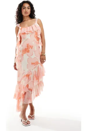 ASOS – Midikleid mit Aquarellblumenmuster, Rankensaum mit unversäuberten Kanten und doppellagigem Rüschensaum