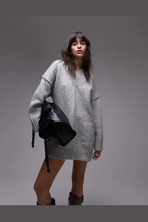 Topshop – Kurzes Oversize-Strickkleid in meliertem mit hohem V-Ausschnitt