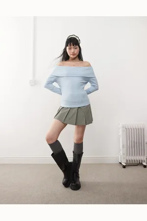 Miss Selfridge – Bardot-Oberteil in Staubblau mit breitem Umschlag