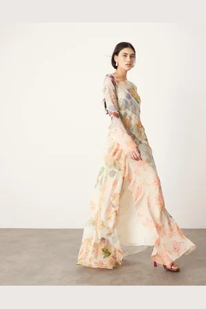 ASOS – Langärmliges Maxikleid mit Blumenprint-Mix in Rosa und asymmetrischen Streifeneinsätzen