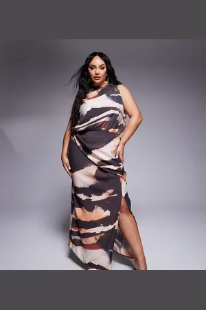 ASOS ASOS DESIGN Curve – Hochgeschlossenes Maxi-Wickelkleid mit dunklem abstraktem Muster