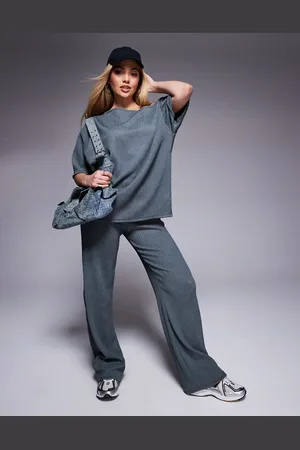 ASOS – Weit geschnittene Hose in Schiefergrau mit Knitterstruktur, Kombiteil