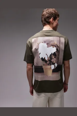 Topman – Oversize-T-Shirt in Khaki mit Pflanzen-Collagen-Print auf Vorder- und Rückseite