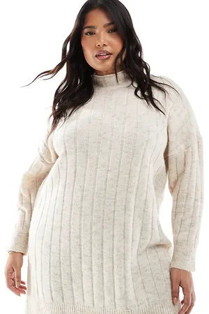 VERO MODA – Geripptes Mini-Strickkleid in Creme meliert mit Oversize-Passform