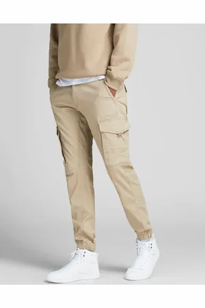 JACK & JONES – Paul – Schmal zulaufende Cargohose aus Jersey in Creme