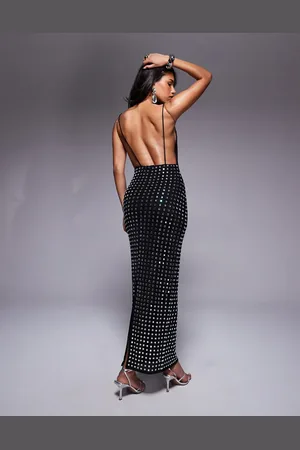 ASOS – Minimalistisches Maxikleid in Schwarz mit hohem Frontausschnitt, tiefem Rückenausschnitt und eckiger Hotfix-Verzierung