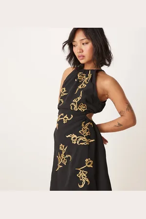 ASOS ASOS DESIGN Petite – Neckholder-Minikleid in Schwarz mit All-over-Blumenprint, Stickerei und Rückenausschnitt
