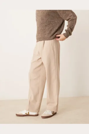 ASOS – Elegante, weite Bundfaltenhose in Steinbeige aus Wollmix mit Fischgrätmuster