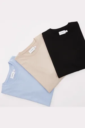 Topman – T-Shirts in Schwarz, Stein und Hellblau im 3er-Pack mit regulärer Passform