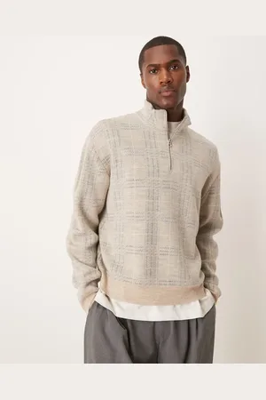 ASOS – Karierter Oversize-Pullover in Steinbeige mit kurzem Reißverschluss