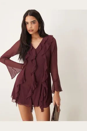 New Look – Langärmliges Minikleid aus Chiffon in Burgunderrot mit Rüschen