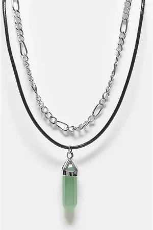Reclaimed – Zweireihige Unisex-Halskette mit grünem Edelsteinimitat
