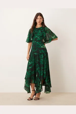 Forever New – Maxikleid in Smaragdgrün mit Rückenausschnitt, Rüschen und Leopardenmuster