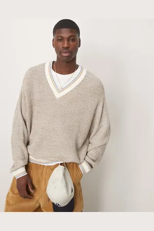 ASOS – Kastiger Oversize-Strickpullover in Steinbeige mit V-Ausschnitt und Zierstreifen