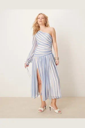 ASOS – Gestreiftes Maxikleid mit langem One-Shoulder-Ballonärmel