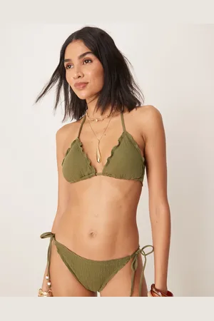 Stradivarius – Bikinioberteil in Khaki mit Struktur