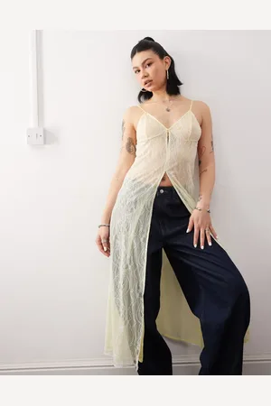 Reclaimed – Mehrlagiges Maxikleid mit Spitze und Netzstoff in Gelb