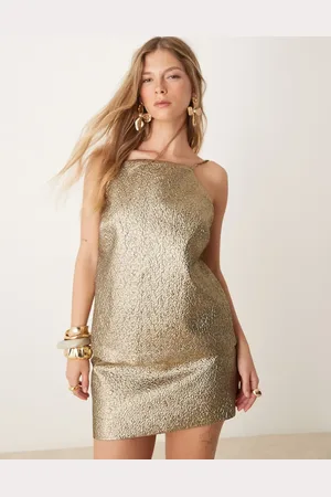 Abercrombie & Fitch – Hochgeschlossenes Longline-Oberteil in Metallic-Gold mit Riemchen-Rückendesign, Kombiteil