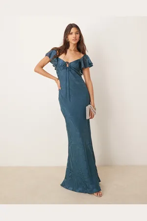 ASOS – Maxikleid in Blaugrün mit Ausbrennermuster und Flatterärmeln